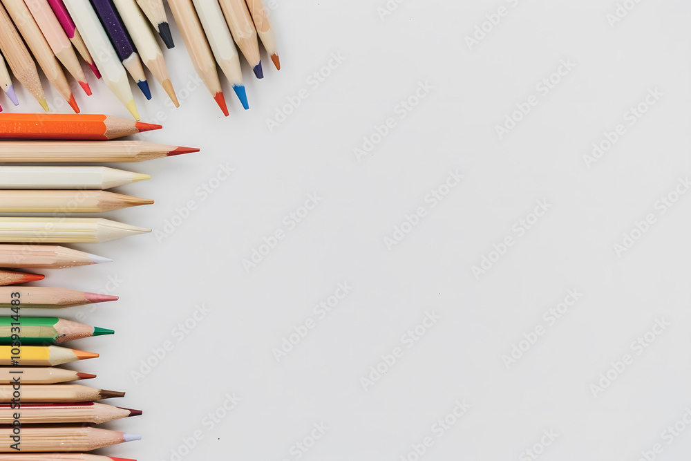 Fototapeta premium Colorful pencils arranged neatly on white background create vibrant and inviting atmosphere for creativity. Perfect for art projects or educational purposes