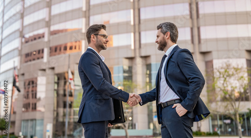 Two businessmen partner celebrating business deal. Successful partnership in business deal. Businessmen dealing outdoor. Partnership success. Celebrate business partnership. Banner