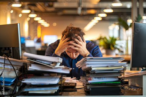 Overworked employee sitting at a desk with head in hands, surrounded by piles of paperwork photo