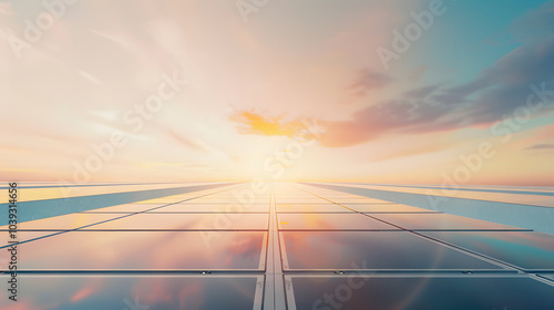 soft focus image of solar farm stretching into horizon, capturing serene beauty of renewable energy under colorful sky at sunset