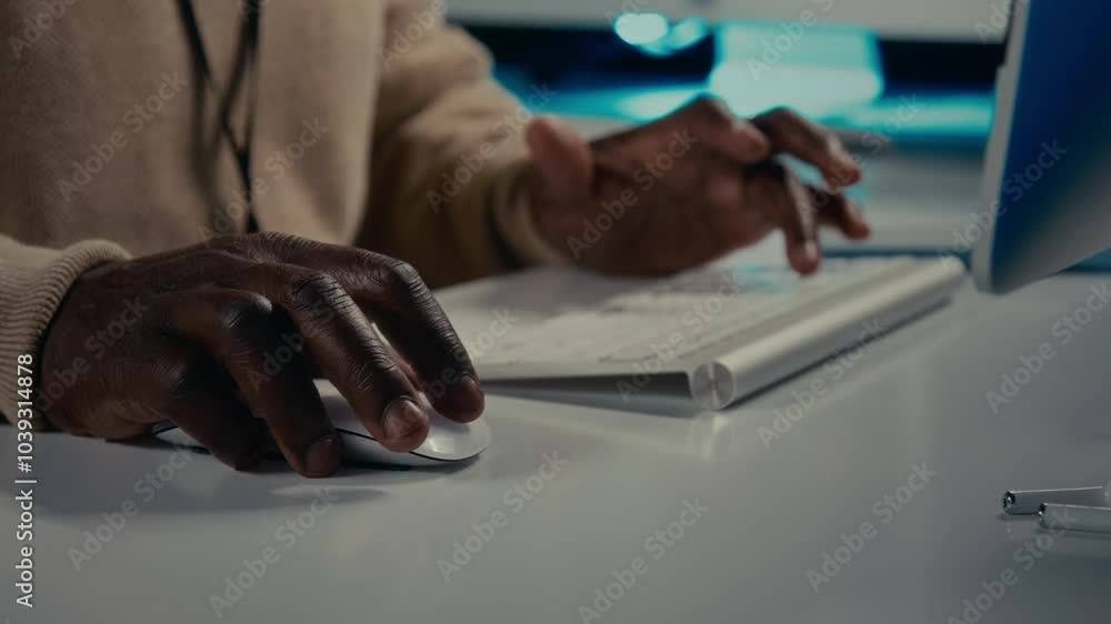 Close-up of hands of anonymous middle-aged African American male IT specialist in beige sweater, with badge typing on computer keyboard and using mouse while working in office Close-up of hands of anonymous middle-aged African American male IT specialist in beige sweater, with badge typing on computer keyboard and using mouse while working in office
