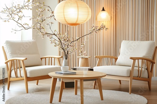 Minimalist Living Room with Wooden Furniture and Cherry Blossom Branch