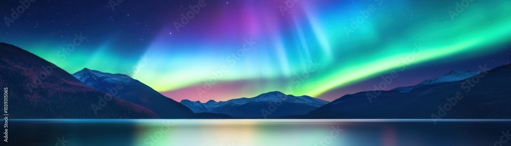 Stunning aurora borealis illuminates a tranquil landscape, reflecting vibrant colors on serene water beneath the starry sky. Stunning aurora borealis illuminates a tranquil landscape, reflecting vibrant colors on serene water beneath the starry sky.