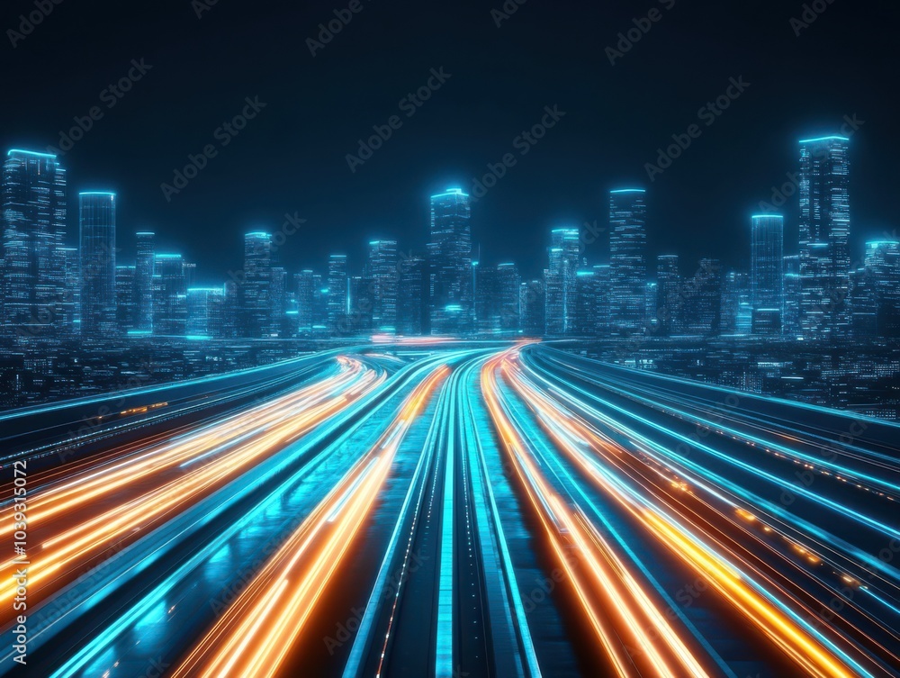 Stunning cityscape featuring vibrant light trails of traffic against a futuristic skyline at night. Stunning cityscape featuring vibrant light trails of traffic against a futuristic skyline at night.