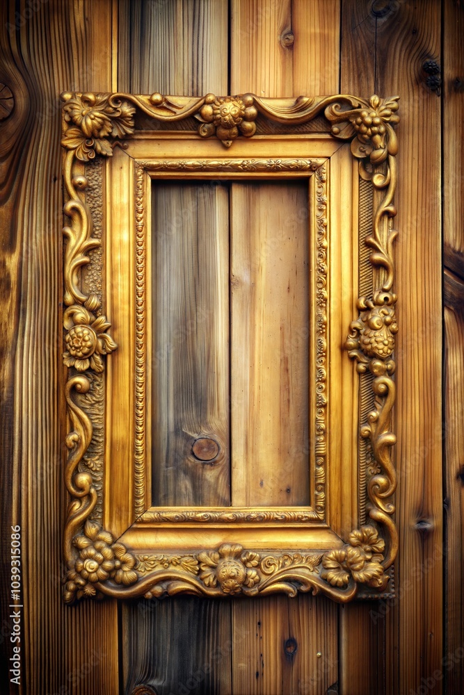 Ornate golden frame on wooden background showcasing intricate detail Ornate golden frame on wooden background showcasing intricate detail