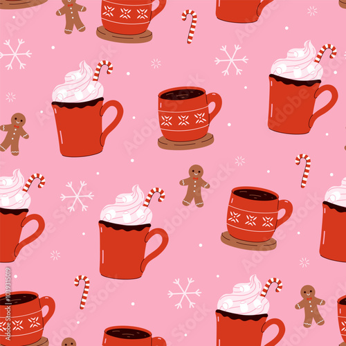 Seamless Christmas pattern with red mugs with winter drinks. Vector graphics.
