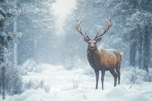 Tranquil Christmas scene with a stag in a snowy forest.