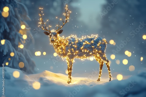 Reindeer in a magical winter landscape, lit by festive lights using AI technology.