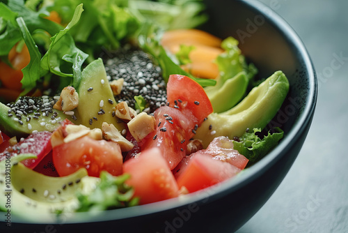 Fresh vegan salad with avocado, nuts, and chia seeds photographed in natural light photo