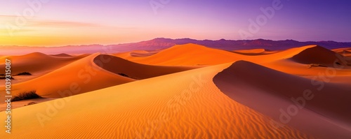 Stunning desert landscape showcasing golden sand dunes under a colorful twilight sky. A serene and captivating natural scene.