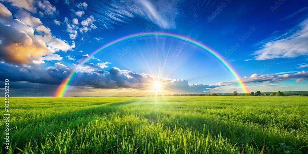 Naklejka premium A Verdant Meadow Bathed in the Golden Light of a Setting Sun, Adorned with a Vibrant Rainbow Arcing Across the Sky
