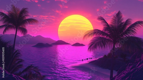 Tropical sunset with palm trees and a large sun in the sky over a purple sea.