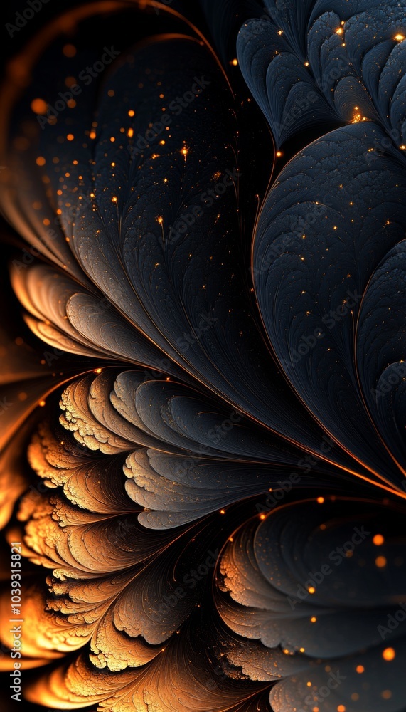 Obraz premium Abstract fractal art with swirling patterns and glowing lights in shades of black, gold, and blue.