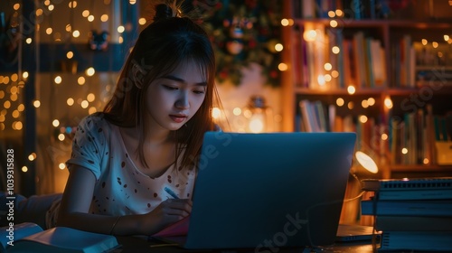 Student Studying Late at Night with Computer