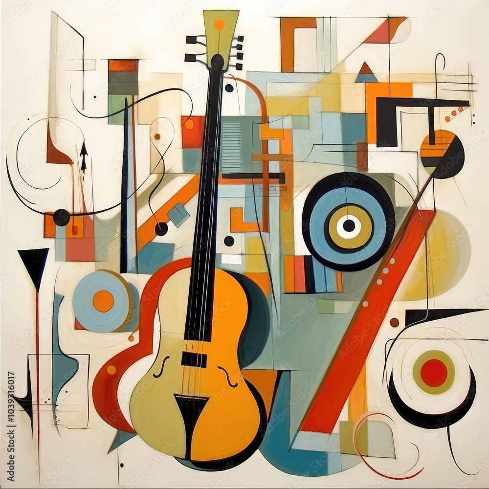 Obraz premium generated illustration of a colorful abstract string instruments with swirling shapes