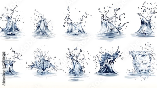 Water Splash Collection Realistic Blue Liquid Splashes Droplets and Waves