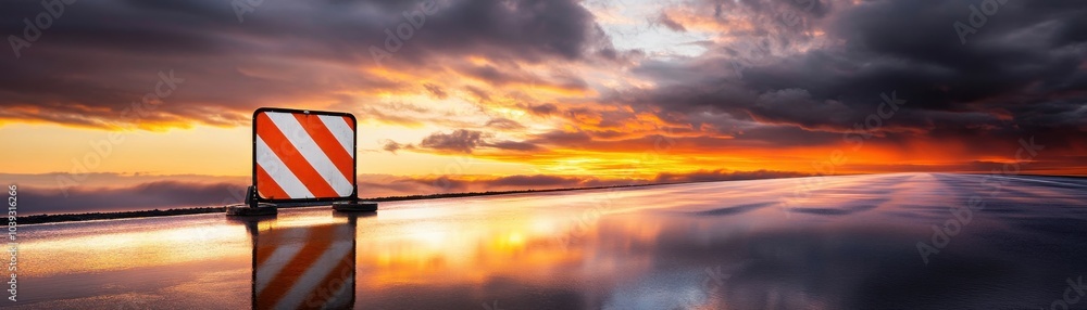 Vibrant sunset over a reflective surface with a traffic barrier, creating a striking contrast of color and geometry. Vibrant sunset over a reflective surface with a traffic barrier, creating a striking contrast of color and geometry.