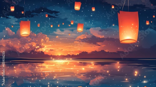floating lanterns in the sky reflecting on the water beneath them