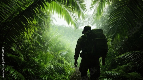 Fototapeta Naklejka Na Ścianę i Meble -  A man is walking through a jungle with a backpack on