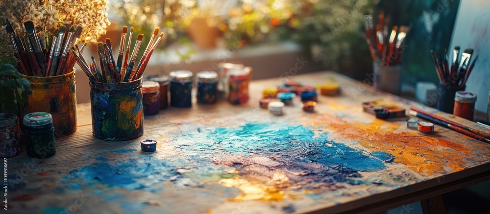 A wooden table covered in paint with paint brushes and paint cans. A wooden table covered in paint with paint brushes and paint cans.