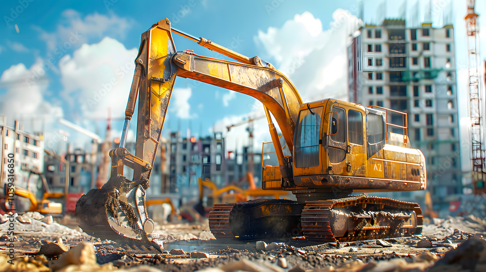 Excavator working on a construction site with a site under construction Excavator working on a construction site with a site under construction