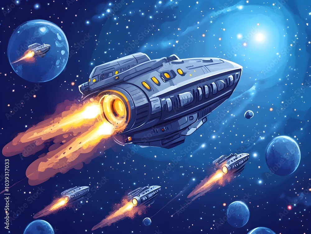 Obraz premium Futuristic Spaceship Launching Into the Vast Cosmic Landscape