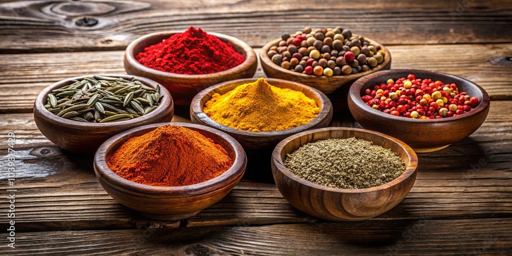 Aromatic Spices in Wooden Bowls on a Rustic Wooden Surface Aromatic Spices in Wooden Bowls on a Rustic Wooden Surface