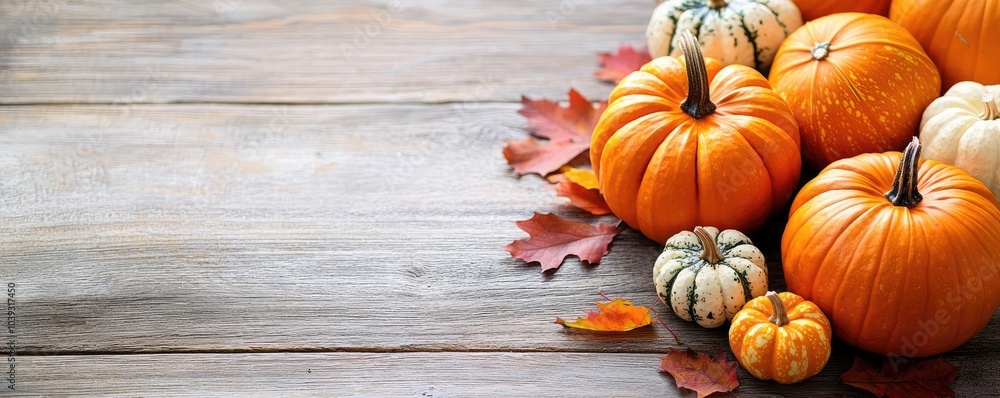Colorful pumpkins and autumn leaves on a wooden table. Colorful pumpkins and autumn leaves on a wooden table.