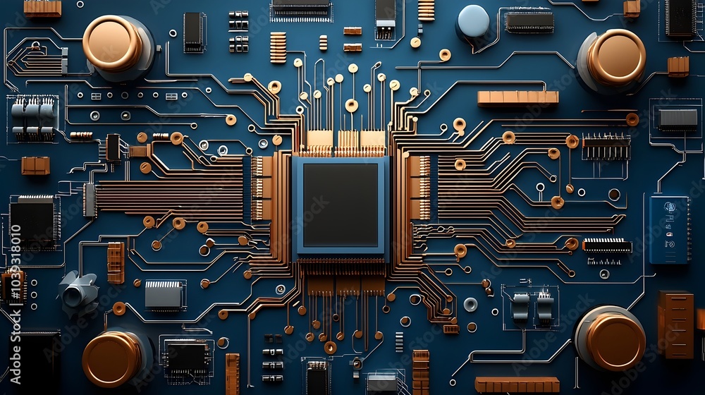 Fototapeta premium Paper Cut Representation of a Computer Circuit Board with Intricate Pathways and Electronic Components Minimalist and Abstract Design with Futuristic Technology Concept