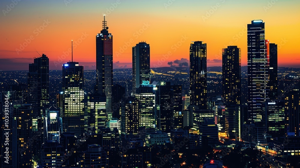 Fototapeta premium Cityscape at Dusk with Skyscrapers Illuminated