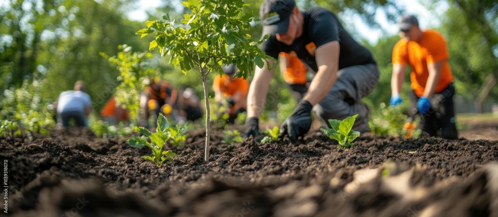 Fototapeta premium A group of volunteers planting trees in a park. They are wearing gloves and working together to plant the trees in the ground.