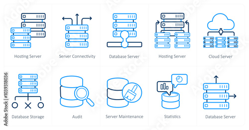 A set of 10 Big Data icons as hosting server, server connectivity, hosting server