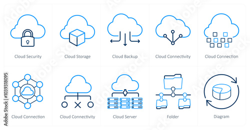 A set of 10 Big Data icons as cloud security, cloud storage, cloud backup