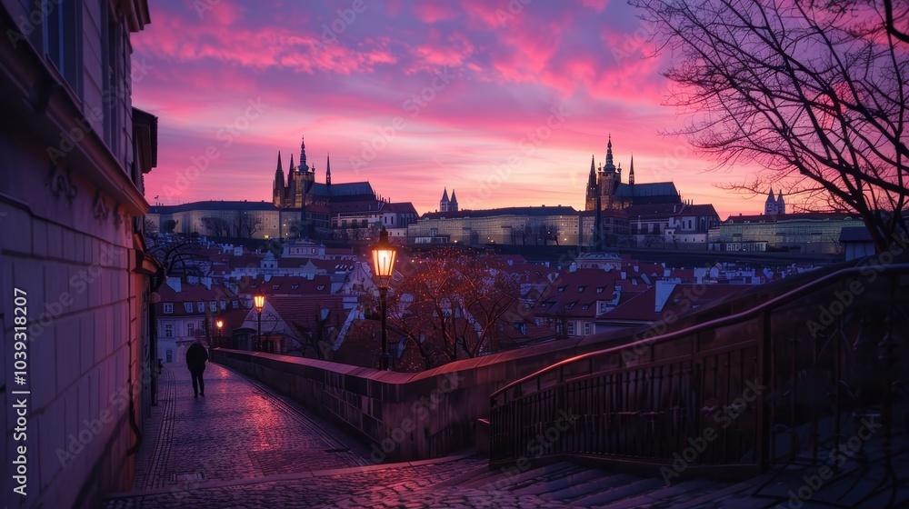 Naklejka premium Classic European City Skyline at Dusk