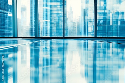 Modern Skyscrapers Reflected in Glass Floor: A Cityscape View