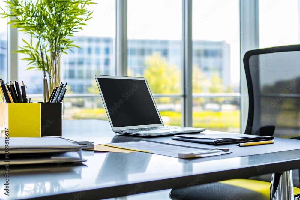 Modern Office Desk Setup with Laptop and Supplies Modern Office Desk Setup with Laptop and Supplies