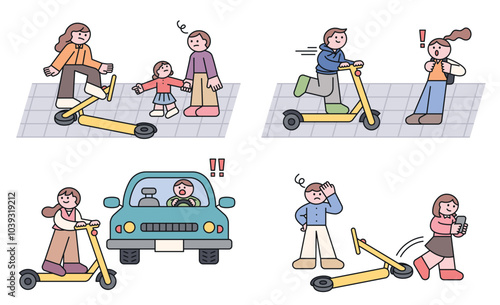 Various problems that occur when riding a scooter. Cute character. Warning illustration with outline.