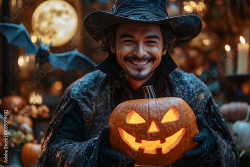 A friendly vampire smiling and holding a bright orange jack-o'-lantern, with bats and a full moon behind him.