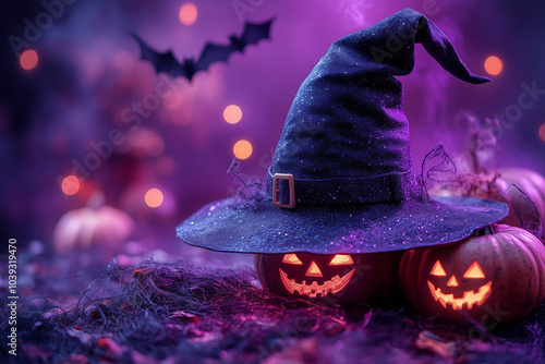 A cute witch's hat surrounded by bats, with a glowing broomstick and pumpkins, all set against a bright purple background.