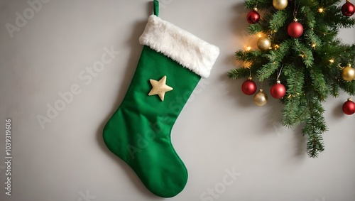 green christmas stocking hanging on the wall photo