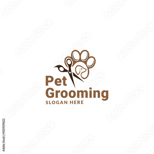 pet grooming icon, animal grooming salon, dog or cat paw, scissors with comb for groomer, flat symbol - editable stroke vector illustration