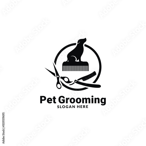 pet grooming icon, animal grooming salon, dog or cat paw, scissors with comb for groomer, flat symbol - editable stroke vector illustration