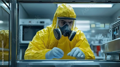 Male scientist in protective gear working intensely in a laboratory environment.
