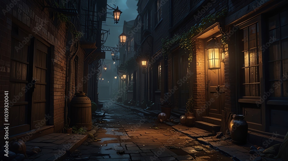 Fototapeta premium a dark alley with lights and a lantern on the left.