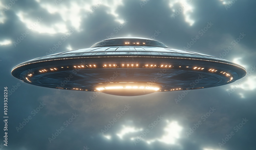 A large, glowing UFO is hovering in the sky over an alien landscape. The spaceship has multiple lights, and its shape resembles that of a flying saucer with round edges A large, glowing UFO is hovering in the sky over an alien landscape. The spaceship has multiple lights, and its shape resembles that of a flying saucer with round edges