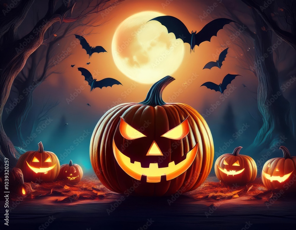 Halloween illustration with a pumpkin, smiling in the forest, with a castle and a full moon in the background, Generative AI Halloween illustration with a pumpkin, smiling in the forest, with a castle and a full moon in the background, Generative AI
