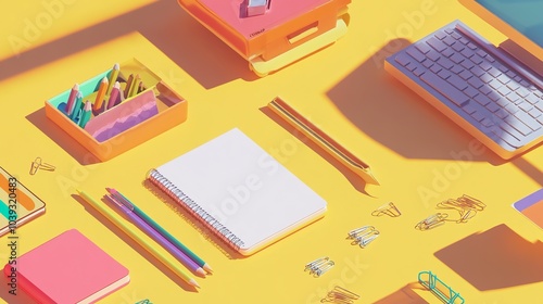 Flat lay of stationery and office supplies on a yellow surface.