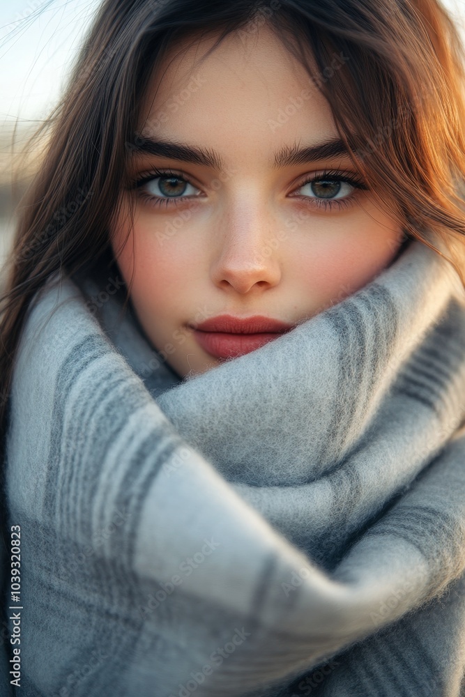 A young woman with striking blue eyes wrapped in a cozy grey scarf outdoors during golden hour A young woman with striking blue eyes wrapped in a cozy grey scarf outdoors during golden hour