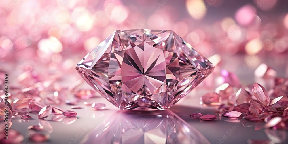 A Single Pink Diamond, a Beacon of Sparkle and Reflected Light, Nestled Amongst Smaller Gems, Reflecting the Pink and Gold Hues of the Surrounding Blurred Background A Single Pink Diamond, a Beacon of Sparkle and Reflected Light, Nestled Amongst Smaller Gems, Reflecting the Pink and Gold Hues of the Surrounding Blurred Background