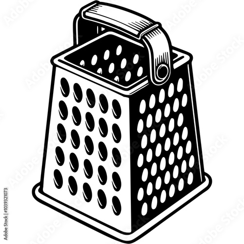 Kitchen vegetable grater in monochrome. Simple minimalistic vector in black ink drawing on transparent background